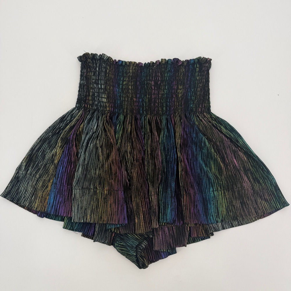 Queen of Sparkles Rainbow Iridescent Metallic Smocked High Waist Swing Shorts M